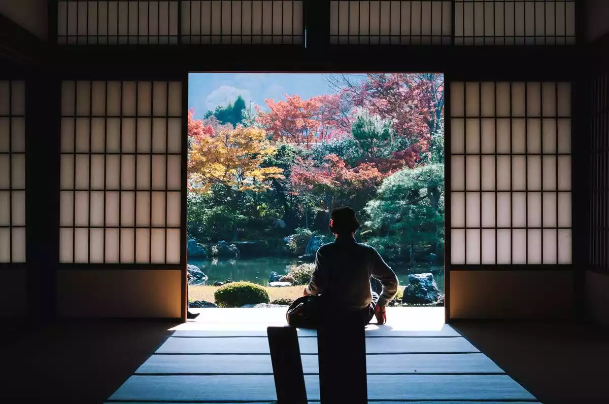 Casa estilo japonés plano general y con naturaleza de fondo