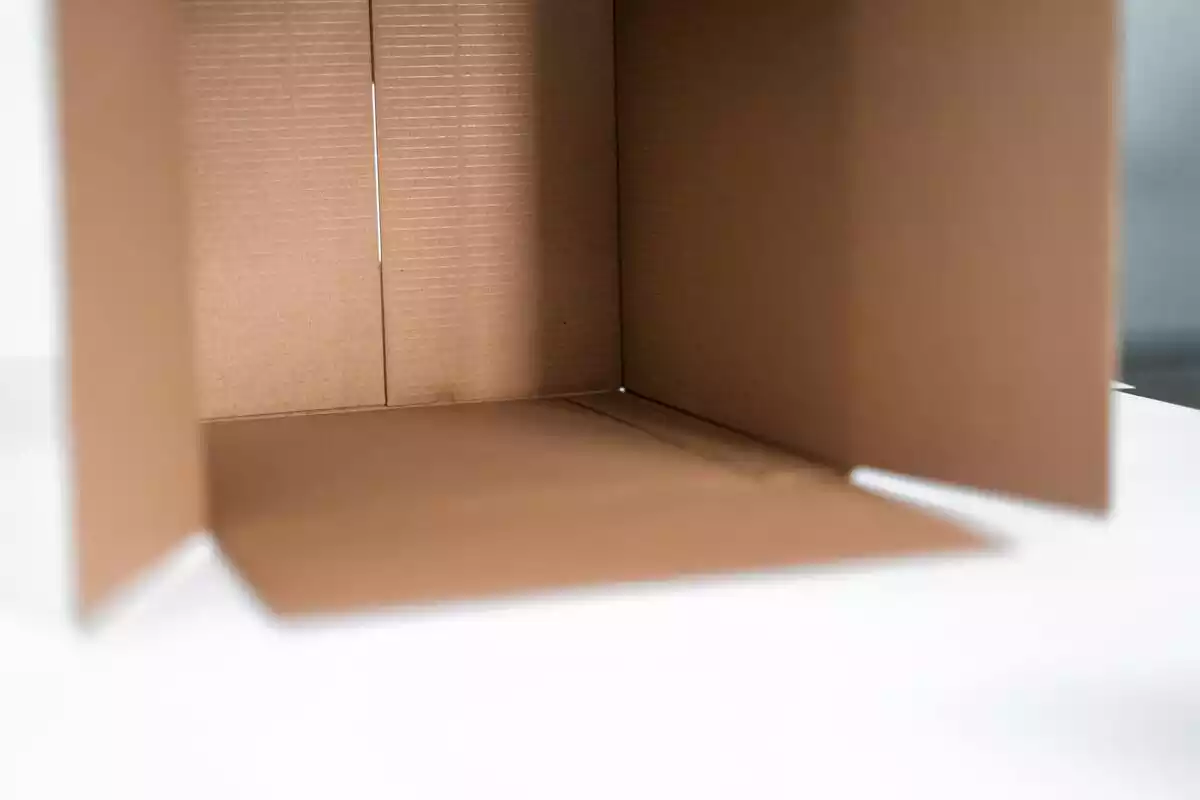 Caja de cartón abierta sobre fondo difuminado blanco